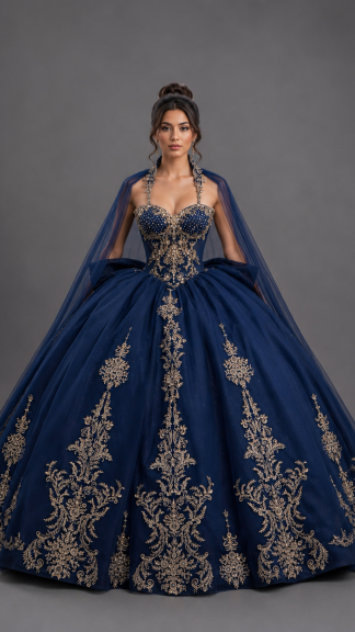 Dress 5176-navy-white-gold — Navy (Ball Gown)